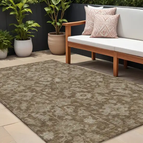 Brown And Beige Floral Washable Indoor Outdoor Area Rug Photo 1