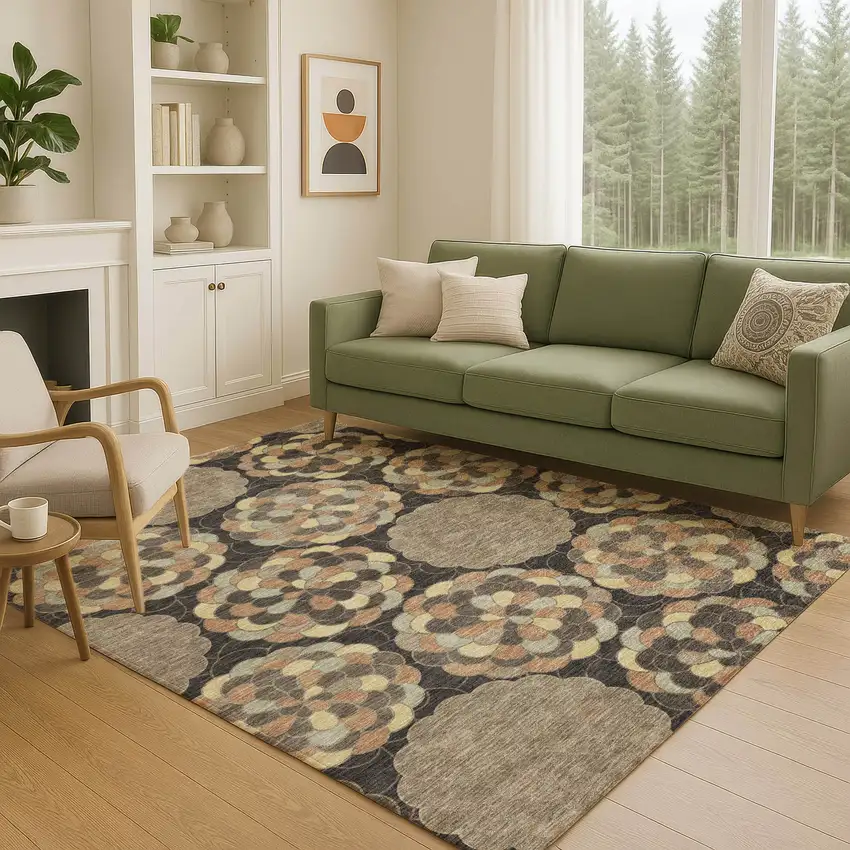 Brown And Beige Floral Washable Indoor Outdoor Area Rug Photo 5