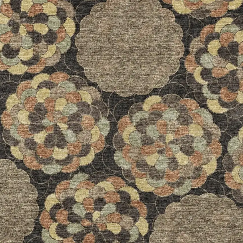 Brown And Beige Floral Washable Indoor Outdoor Area Rug Photo 2