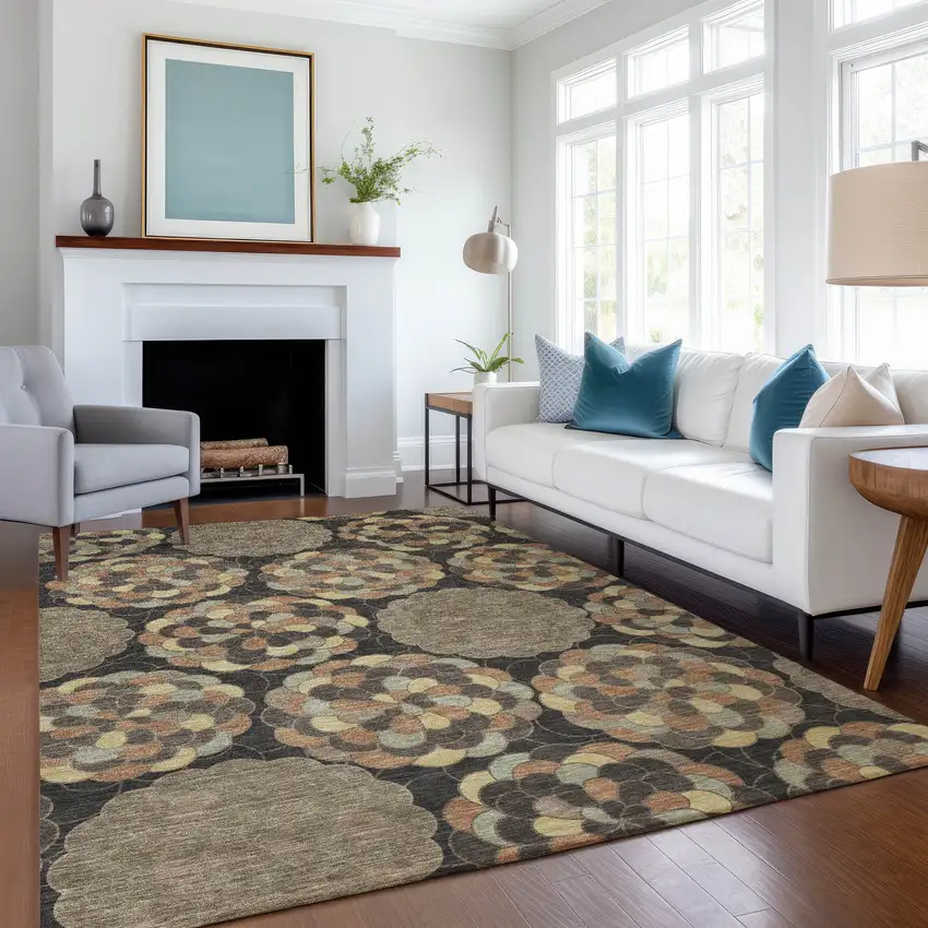 Brown And Beige Floral Washable Indoor Outdoor Area Rug Photo 6