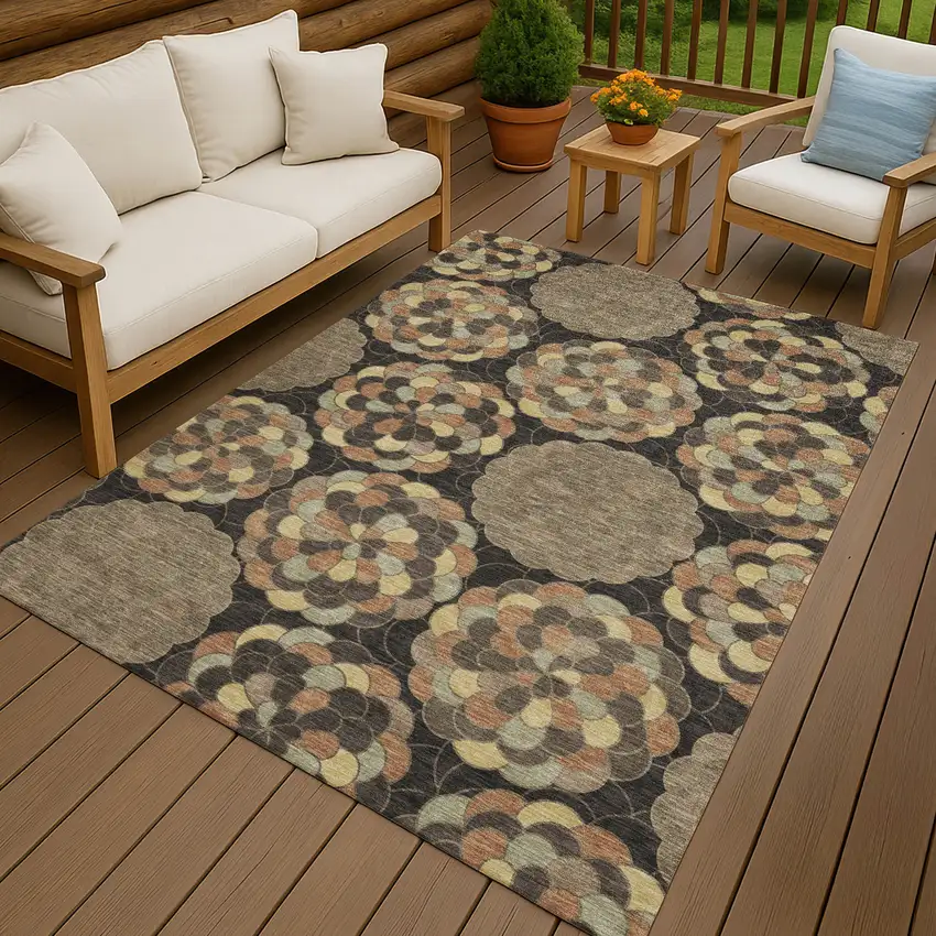 Brown And Beige Floral Washable Indoor Outdoor Area Rug Photo 4