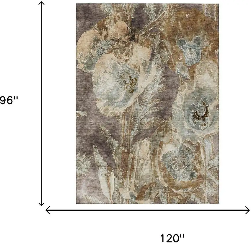 Brown And Beige Floral Washable Indoor Outdoor Area Rug Photo 5