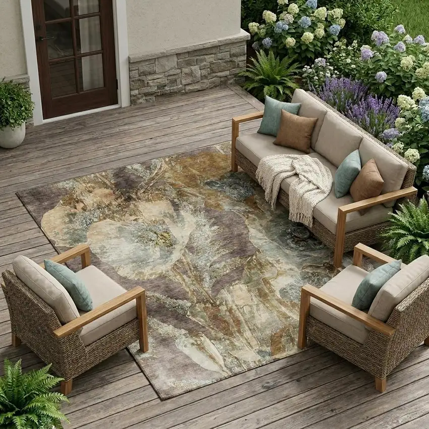 Brown And Beige Floral Washable Indoor Outdoor Area Rug Photo 1