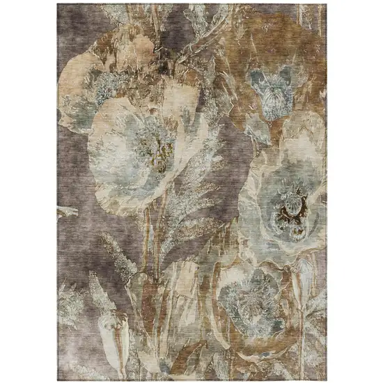 Brown And Beige Floral Washable Indoor Outdoor Area Rug Photo 2