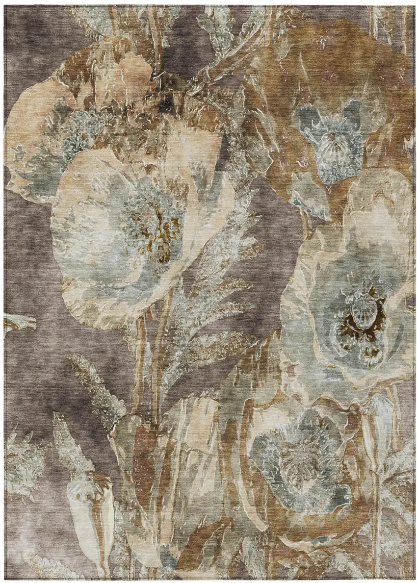 Brown And Beige Floral Washable Indoor Outdoor Area Rug Photo 2