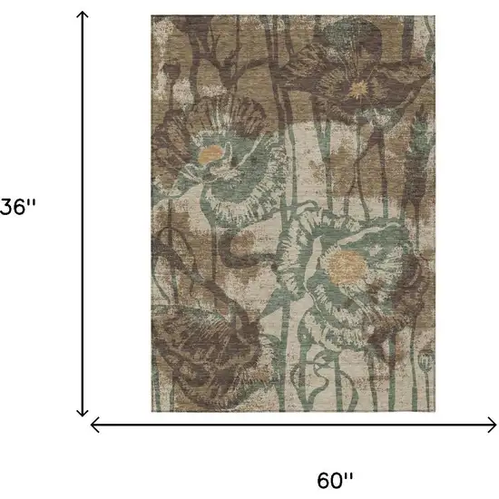 Brown And Beige Floral Washable Indoor Outdoor Area Rug Photo 6