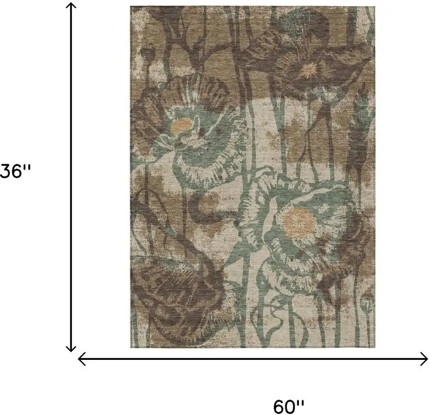 Brown And Beige Floral Washable Indoor Outdoor Area Rug Photo 6