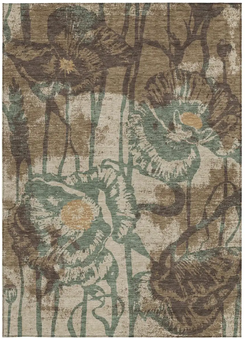 Brown And Beige Floral Washable Indoor Outdoor Area Rug Photo 3