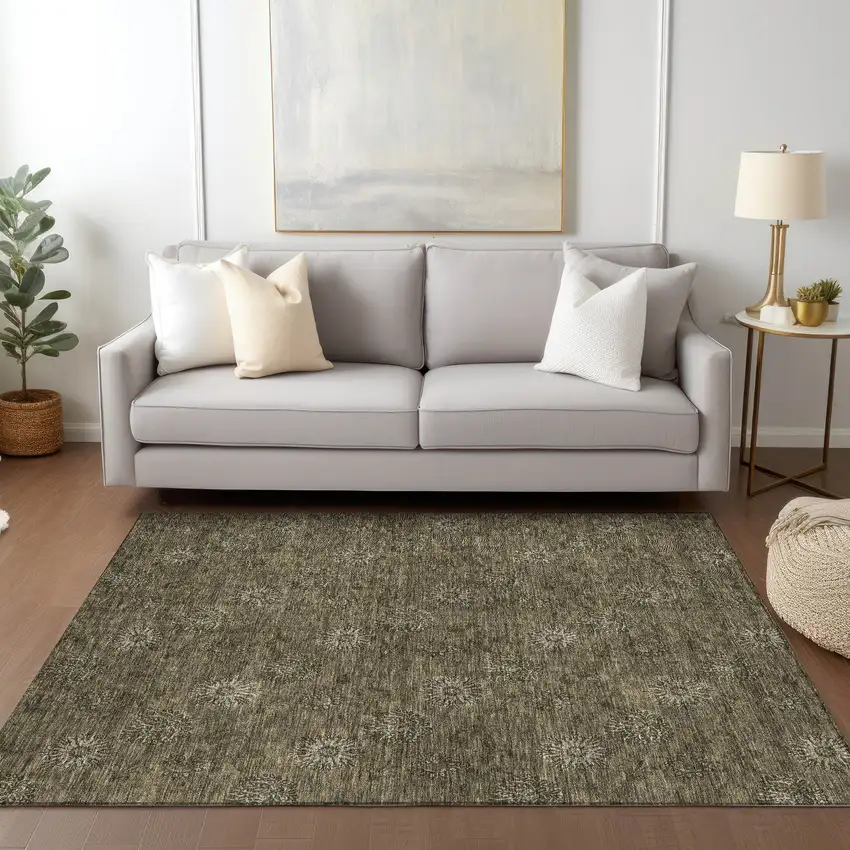 Brown And Beige Floral Washable Indoor Outdoor Area Rug Photo 9