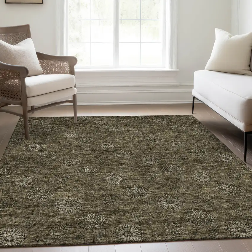 Brown And Beige Floral Washable Indoor Outdoor Area Rug Photo 8