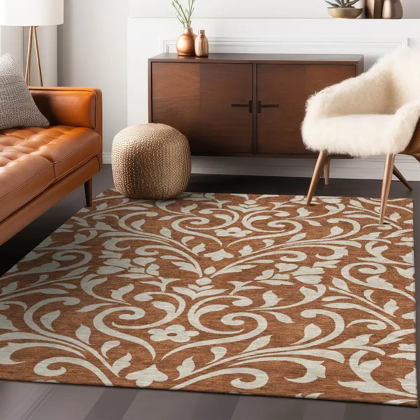 Brown And Beige Floral Washable Indoor Outdoor Area Rug Photo 9