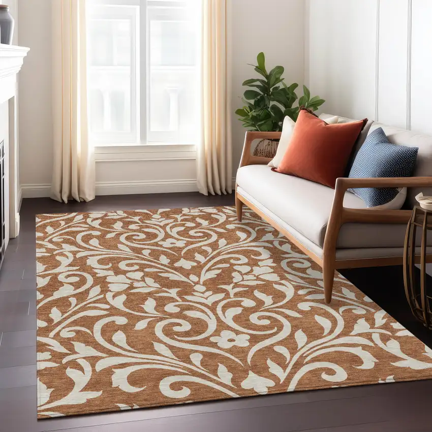 Brown And Beige Floral Washable Indoor Outdoor Area Rug Photo 9