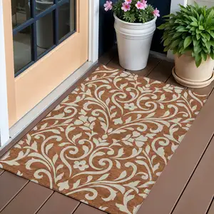 Photo of Brown And Beige Floral Washable Indoor Outdoor Area Rug
