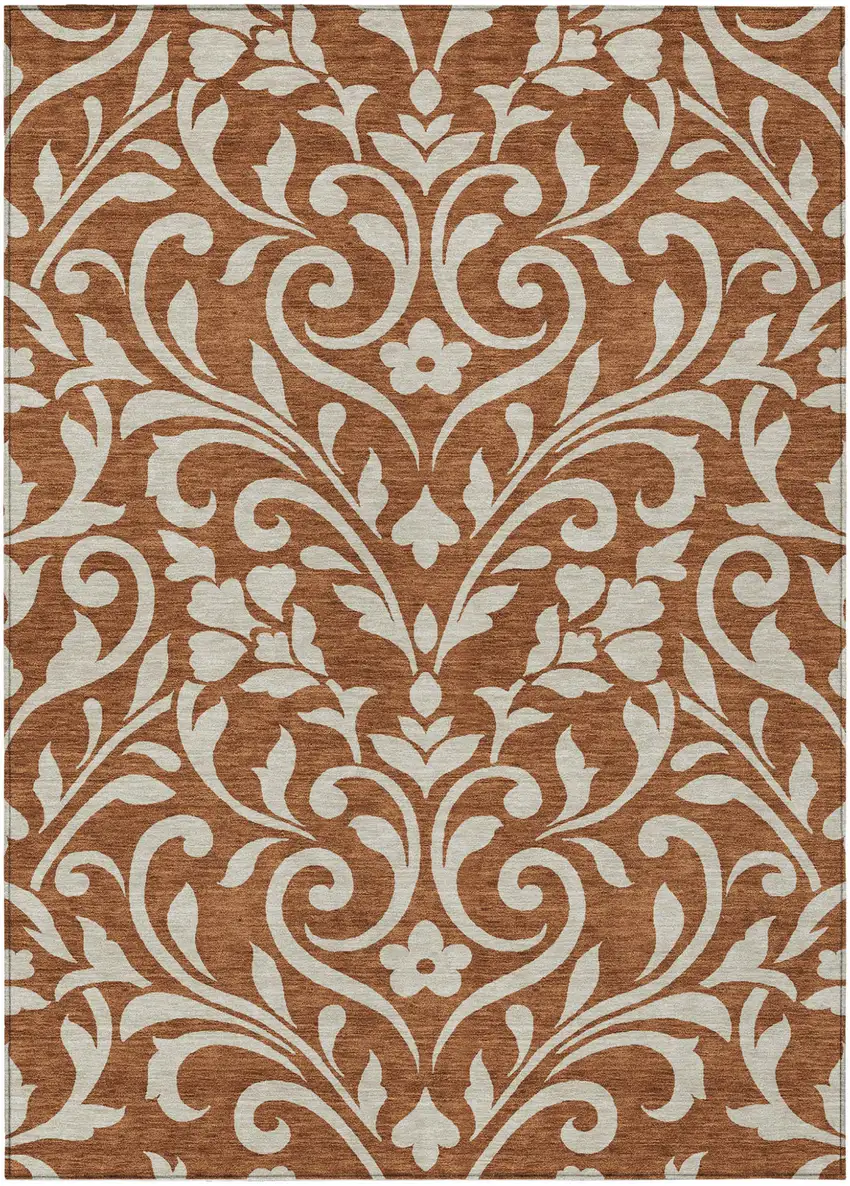 Brown And Beige Floral Washable Indoor Outdoor Area Rug Photo 2