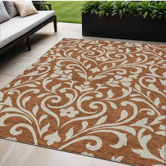 Brown And Beige Floral Washable Indoor Outdoor Area Rug Photo 1