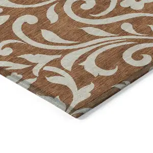 Photo of Brown And Beige Floral Washable Indoor Outdoor Area Rug