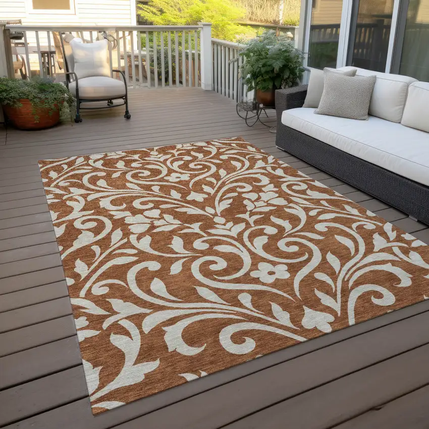 Brown And Beige Floral Washable Indoor Outdoor Area Rug Photo 8
