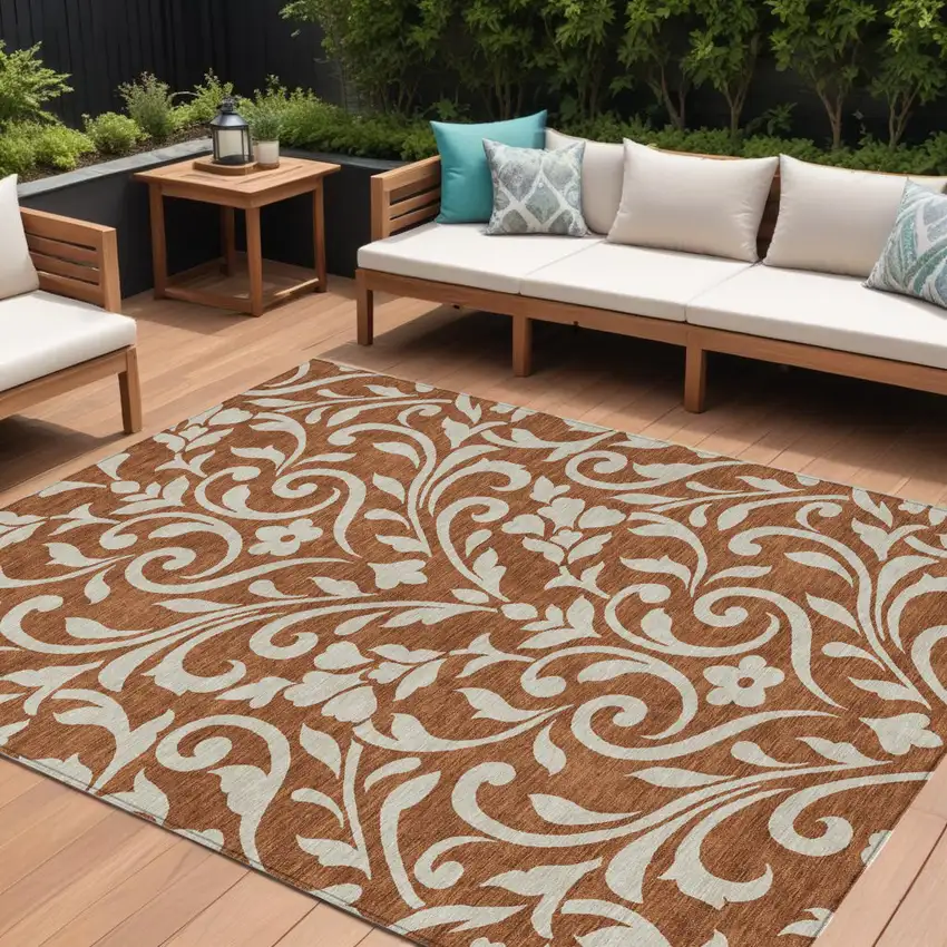 Brown And Beige Floral Washable Indoor Outdoor Area Rug Photo 1