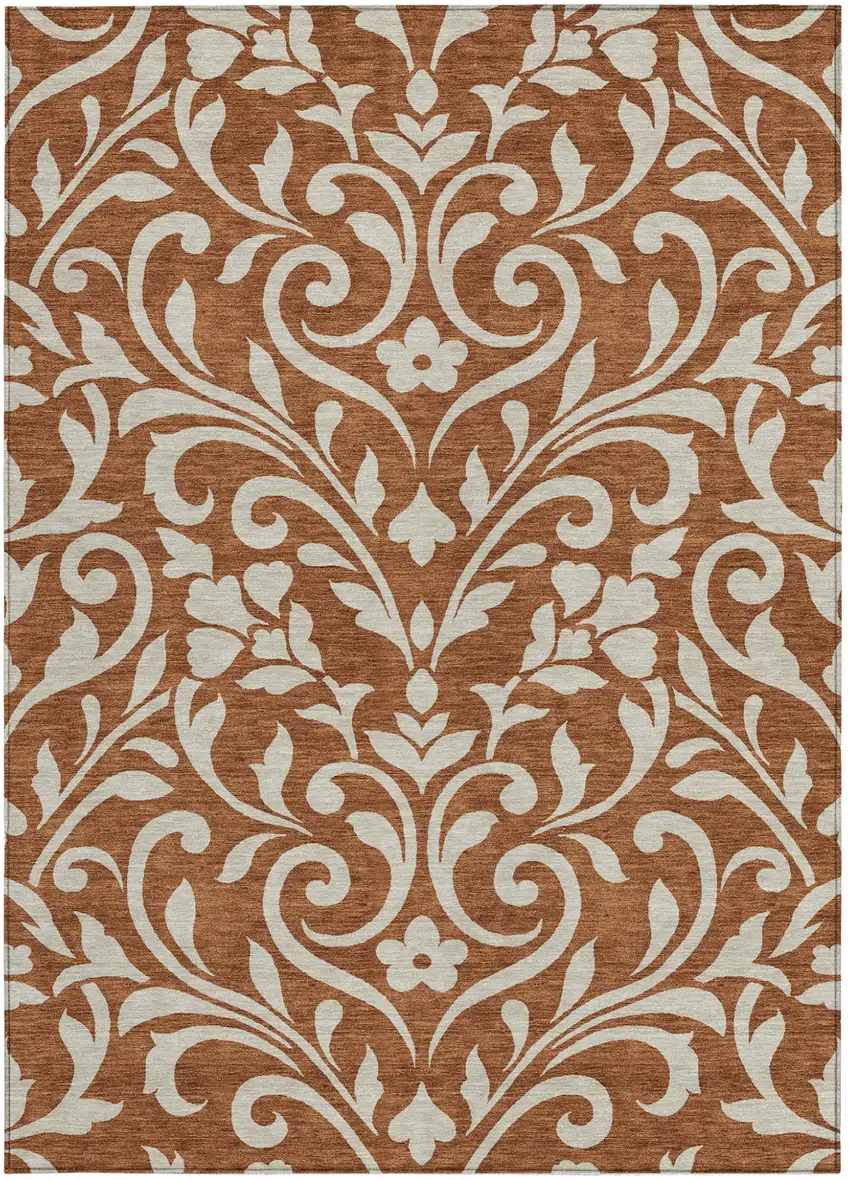 Brown And Beige Floral Washable Indoor Outdoor Area Rug Photo 7