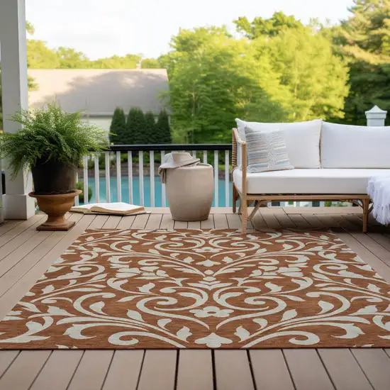 Brown And Beige Floral Washable Indoor Outdoor Area Rug Photo 9