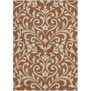 Photo of Brown And Beige Floral Washable Indoor Outdoor Area Rug