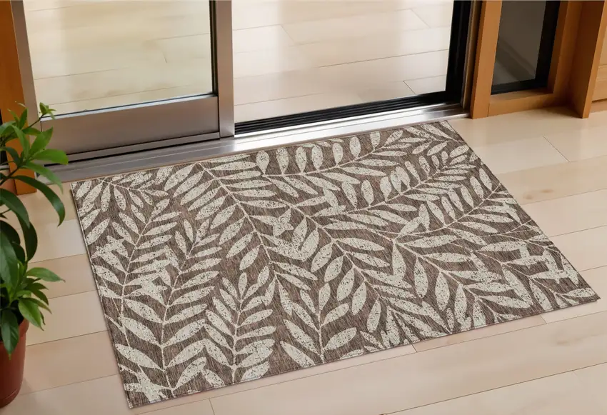 Brown And Beige Floral Washable Indoor Outdoor Area Rug Photo 1
