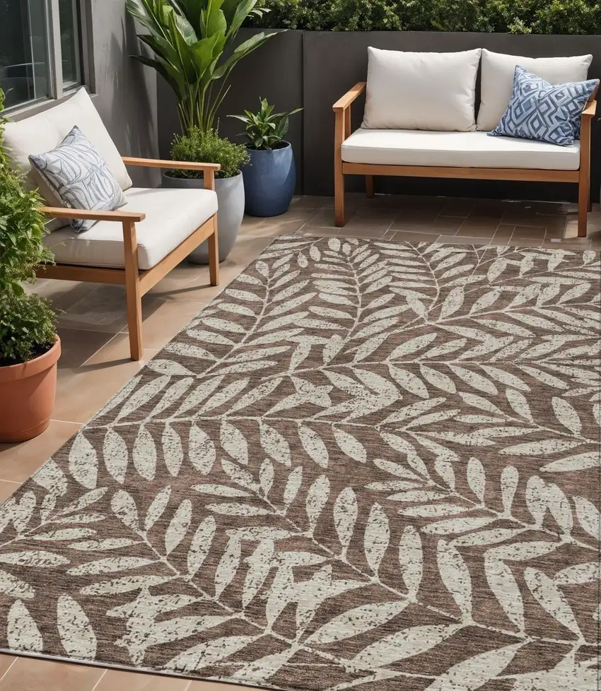 Brown And Beige Floral Washable Indoor Outdoor Area Rug Photo 1