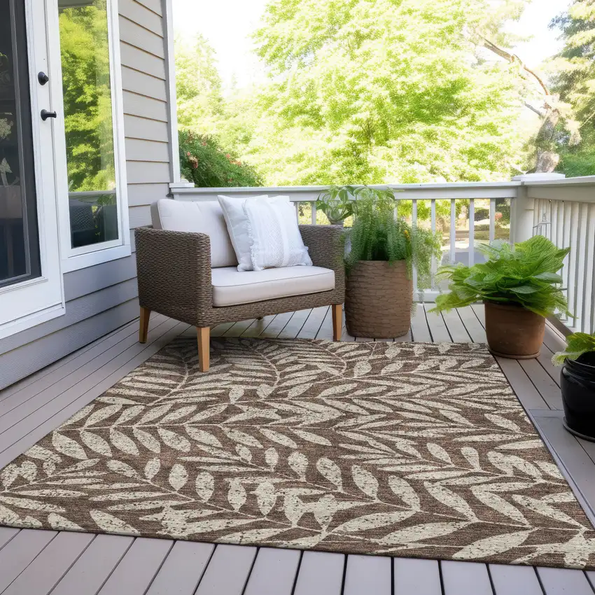 Brown And Beige Floral Washable Indoor Outdoor Area Rug Photo 8