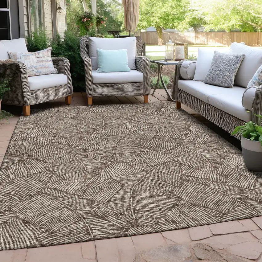 Brown And Beige Floral Washable Indoor Outdoor Area Rug Photo 9