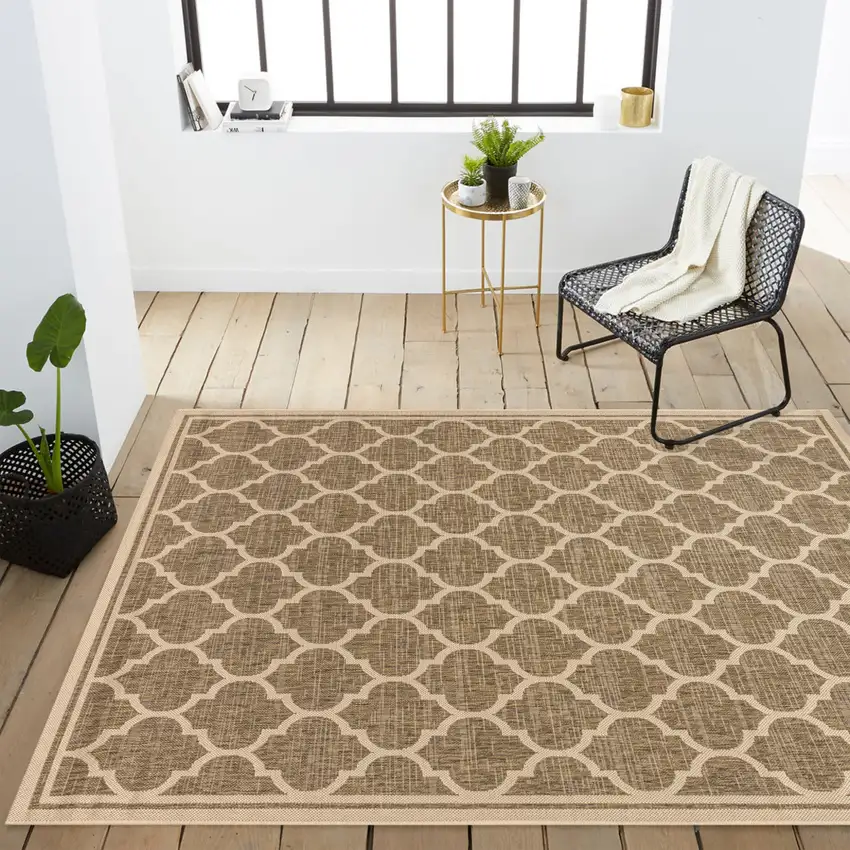 Brown And Beige Geometric Indoor Outdoor Area Rug Photo 9