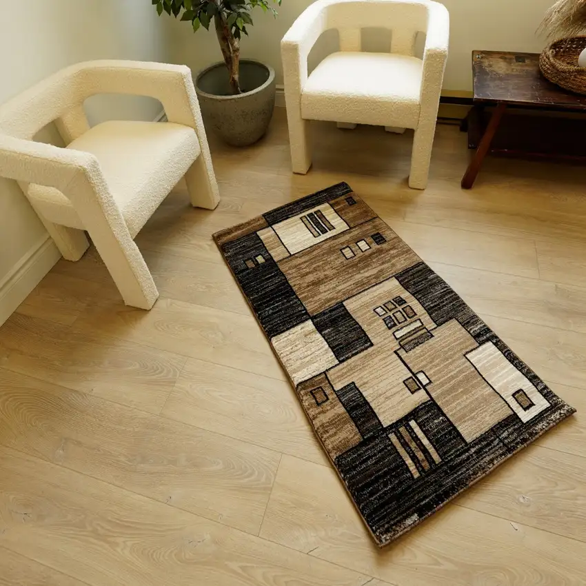 Brown And Beige Geometric Square Rug Photo 6