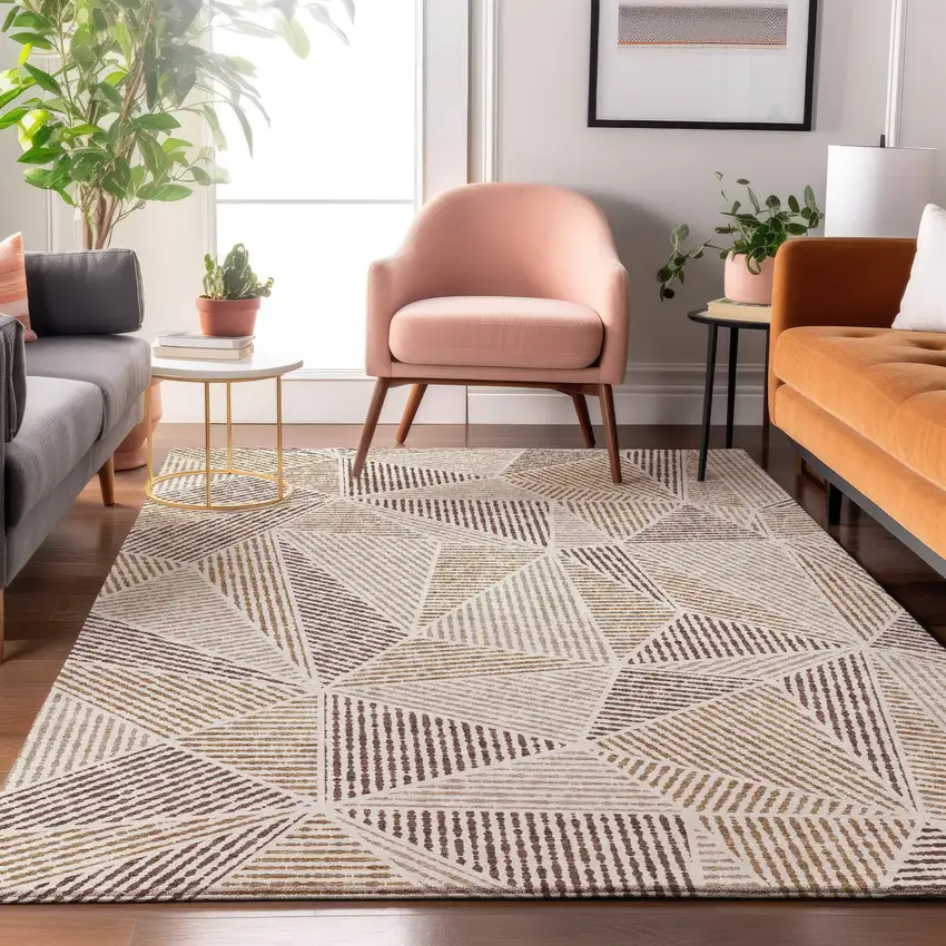 Brown And Beige Geometric Washable Area Rug With UV Protection Photo 5