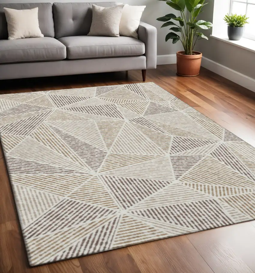 Brown And Beige Geometric Washable Area Rug With UV Protection Photo 2