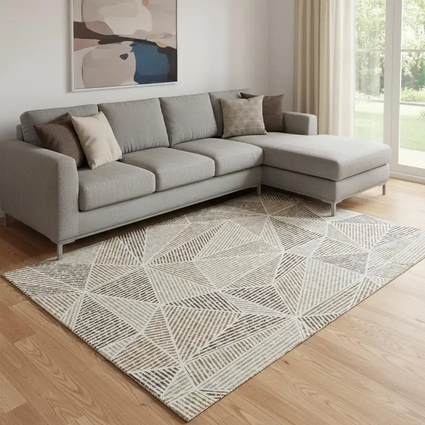 Brown And Beige Geometric Washable Area Rug With UV Protection Photo 1