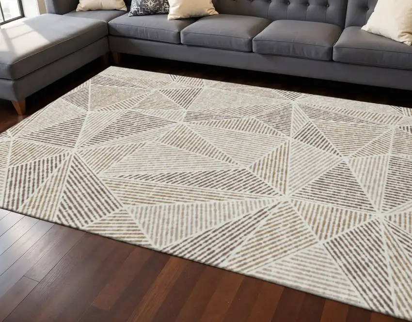 Brown And Beige Geometric Washable Area Rug With UV Protection Photo 2