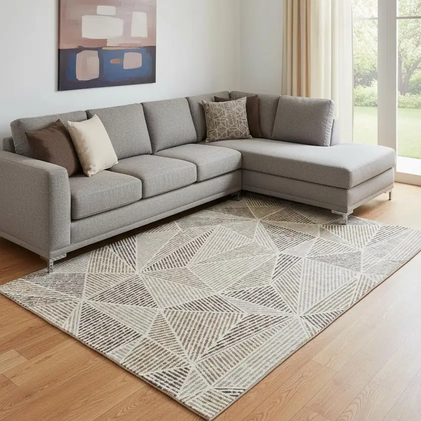 Brown And Beige Geometric Washable Area Rug With UV Protection Photo 1