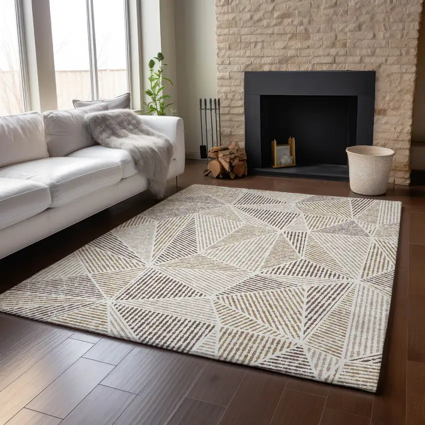 Brown And Beige Geometric Washable Area Rug With UV Protection Photo 6