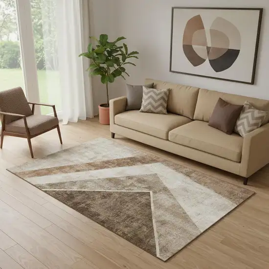 Brown And Beige Geometric Washable Area Rug With UV Protection Photo 1