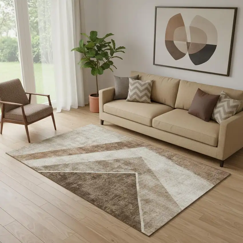 Brown And Beige Geometric Washable Area Rug With UV Protection Photo 1