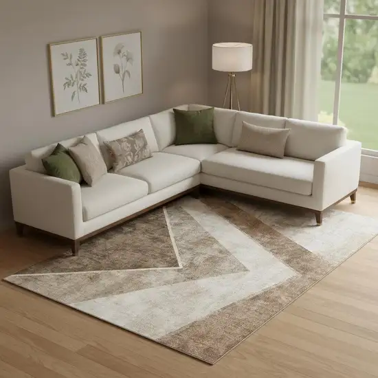 Brown And Beige Geometric Washable Area Rug With UV Protection Photo 1