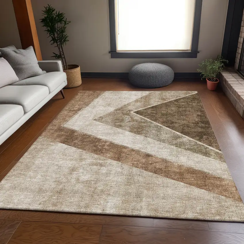 Brown And Beige Geometric Washable Area Rug With UV Protection Photo 2