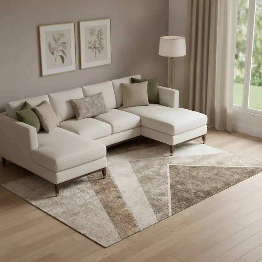 Brown And Beige Geometric Washable Area Rug With UV Protection Photo 1