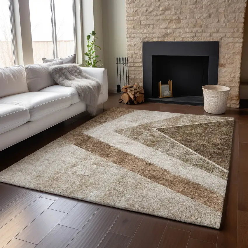 Brown And Beige Geometric Washable Area Rug With UV Protection Photo 1