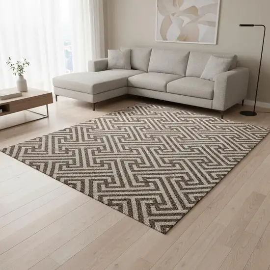 Brown And Beige Geometric Washable Area Rug With UV Protection Photo 2