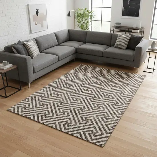 Brown And Beige Geometric Washable Area Rug With UV Protection Photo 2