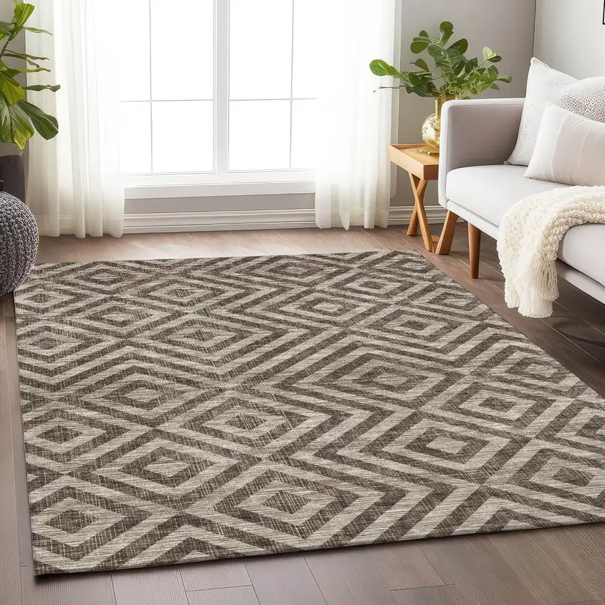 Brown And Beige Geometric Washable Area Rug With UV Protection Photo 5