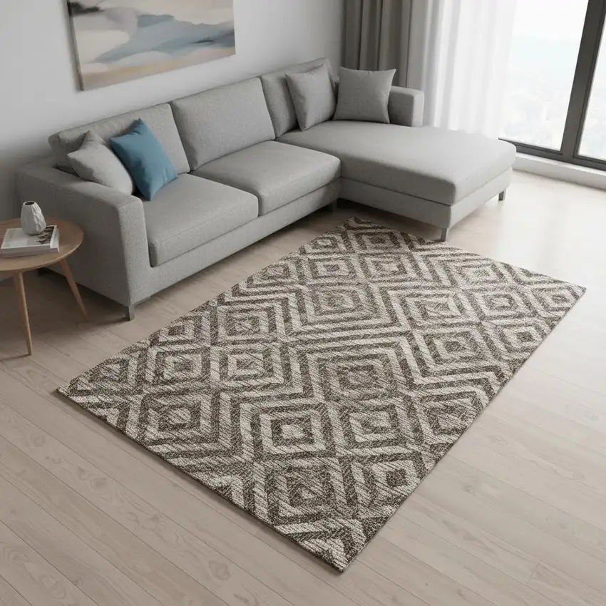 Brown And Beige Geometric Washable Area Rug With UV Protection Photo 2
