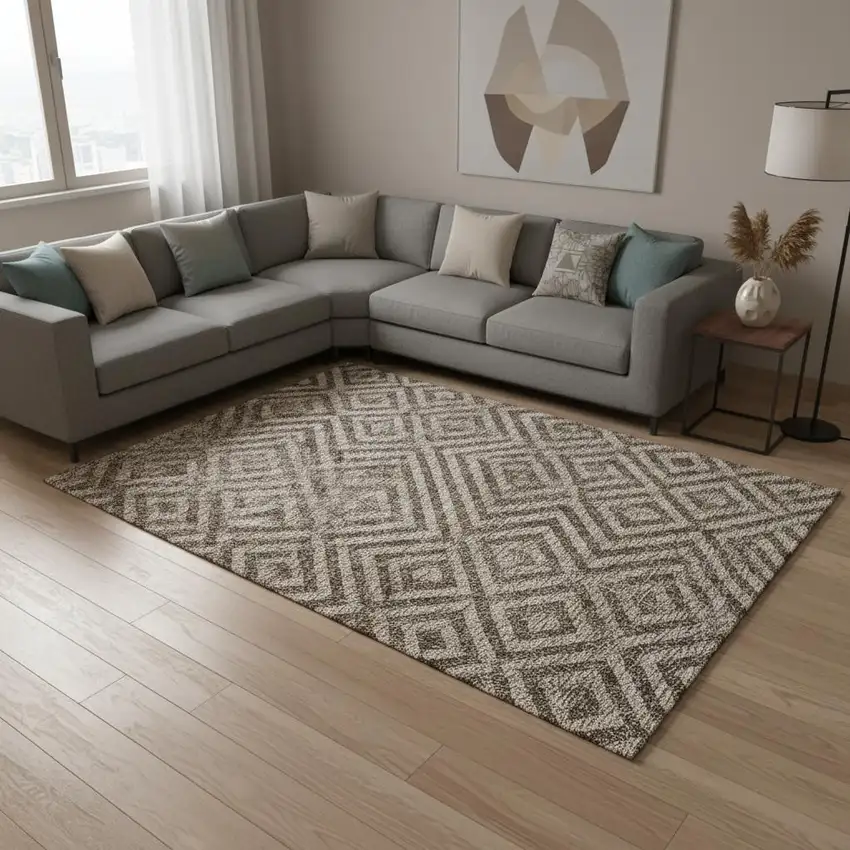 Brown And Beige Geometric Washable Area Rug With UV Protection Photo 2