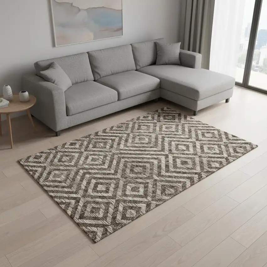 Brown And Beige Geometric Washable Area Rug With UV Protection Photo 2