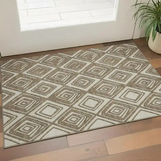 Brown And Beige Geometric Washable Area Rug With UV Protection Photo 1